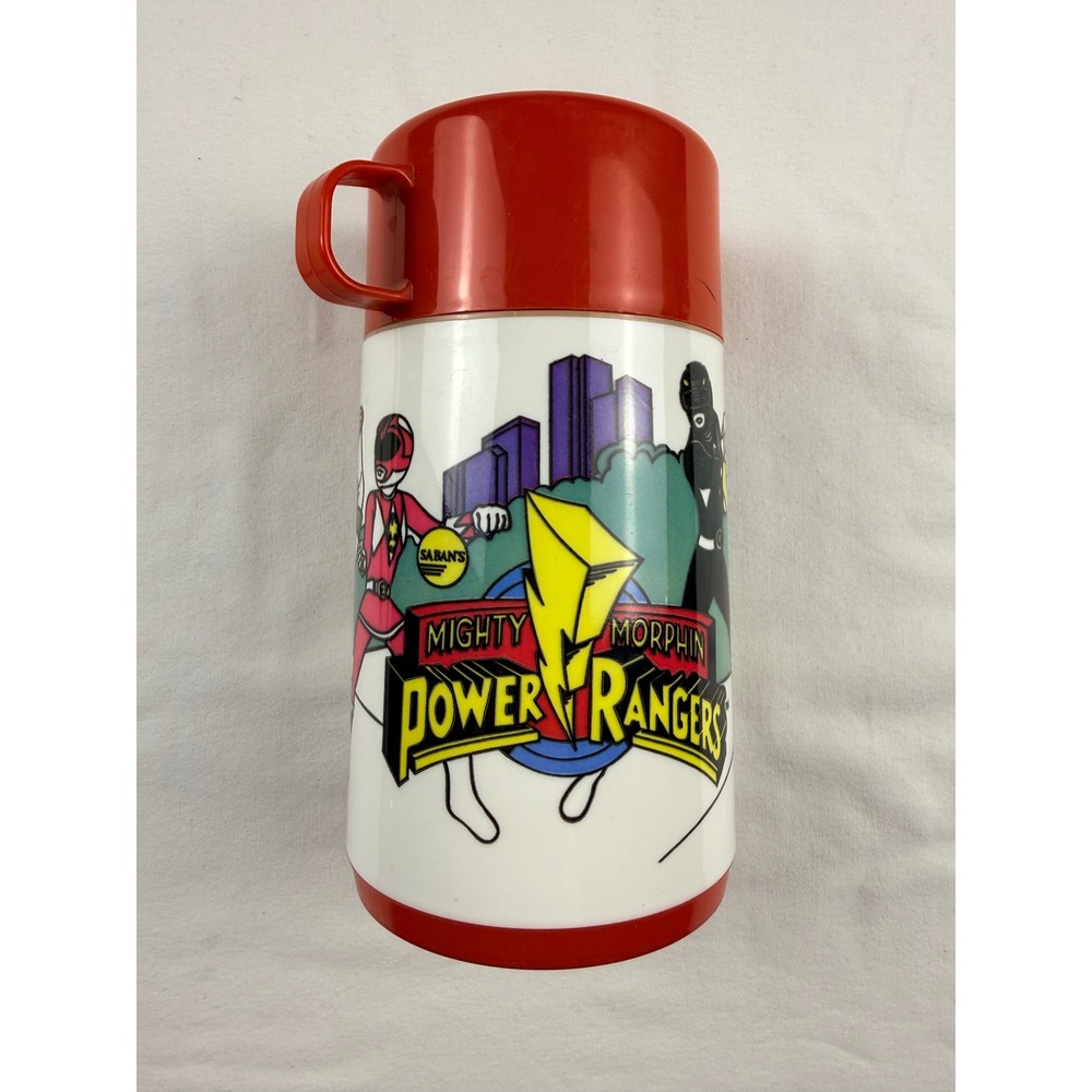Vintage 1995 Mighty Morphin Power Rangers Aladdin Thermos 8oz Saban Red Blue